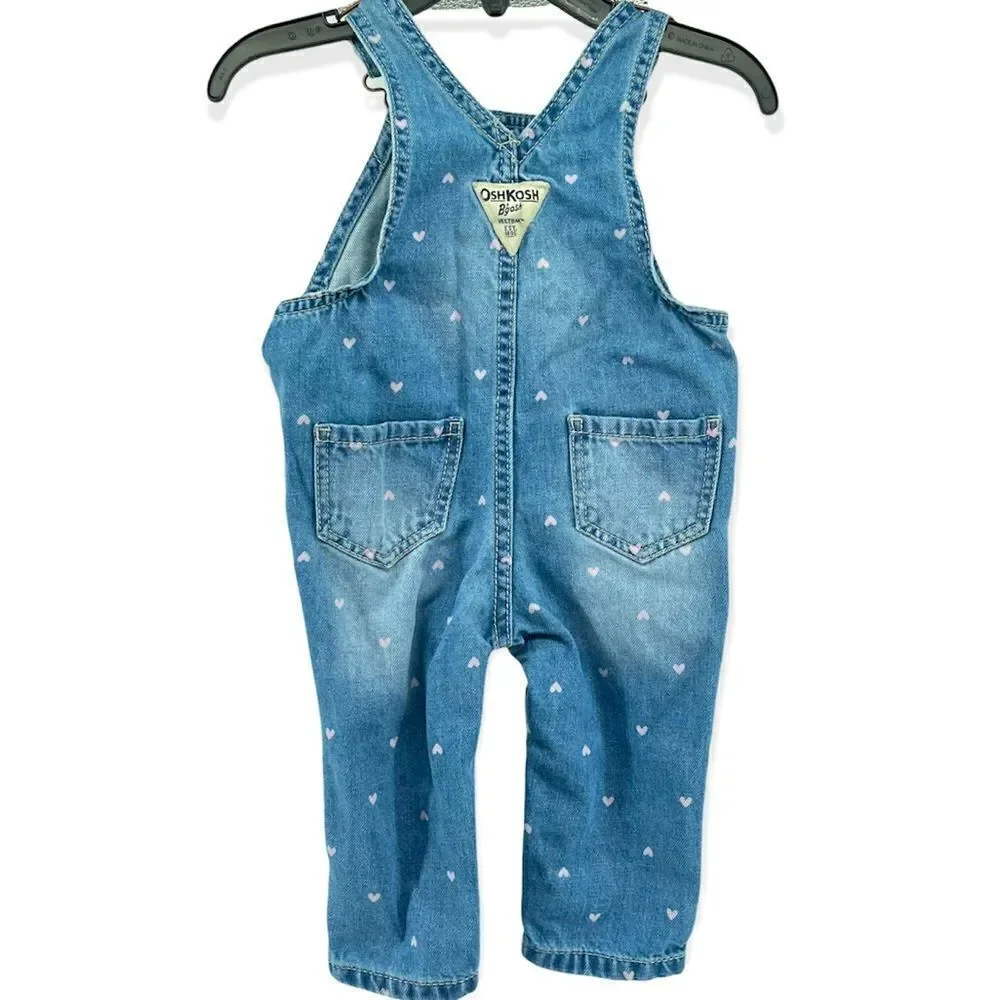 OshKosh B’gosh Baby Girl’s Vestbak Pink Hearts Denim Overalls Size 9M